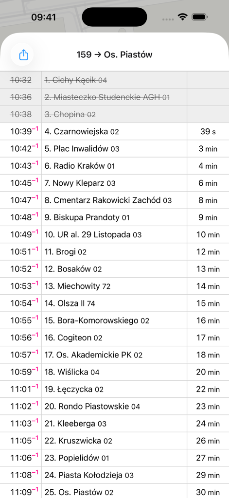 Mobile app interface showing real time bus stop arrival times in Krakow