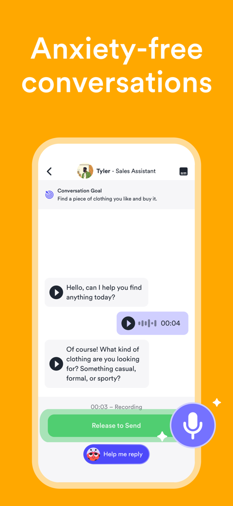 EF Hello app interface for anxiety-free English conversation practice with an AI tutor