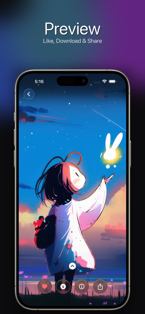 HDQWalls - A preview screen in the HDQWalls app displaying an aesthetic anime style wallpaper with download and share buttons.