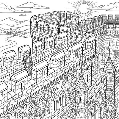 Prepare for an epic coloring adventure with this intricate design featuring mighty castle battlements, complete with a knight on guard. This detailed page is perfect for teens seeking a challenging and rewarding creative escape.
