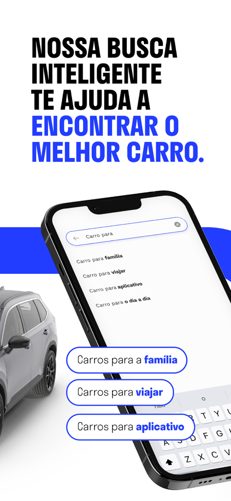NaPista: comprar carros - Interface do aplicativo NaPista mostrando categorias inteligentes de busca de carros como família e viagens.