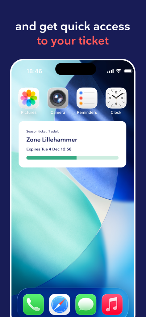 iPhone home screen showing the Entur ticket widget with quick access to a Lillehammer zone season ticket