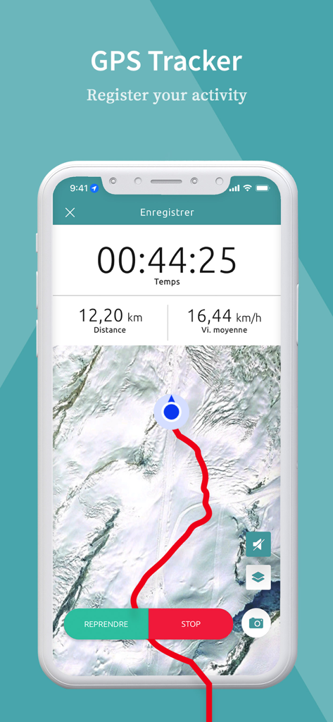 Chamrousse mobile app interface showing a GPS tracking session with distance speed and a route map on a mountain terrain