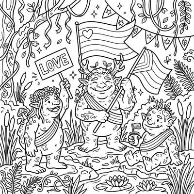 Dive into a world of joy and acceptance with our unique Swamp Trolls Pride coloring page. This delightful design celebrates diversity, community, and love in a fun, whimsical swamp setting.