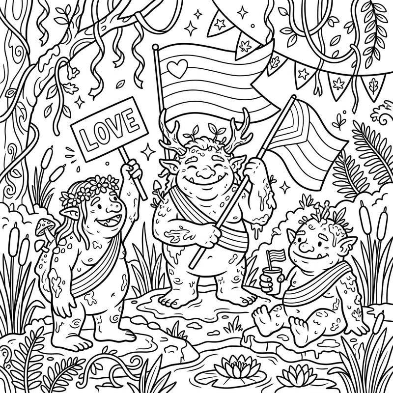 Dive into a world of joy and acceptance with our unique Swamp Trolls Pride coloring page. This delightful design celebrates diversity, community, and love in a fun, whimsical swamp setting.