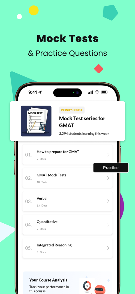 GMAT試験対策アプリで、MBA入試のための模擬テストと学習モジュールが表示されています