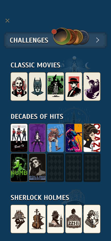 Cryptogram: Word Puzzle Master - Puzzle selection screen with themed categories like Classic Movies and Sherlock Holmes