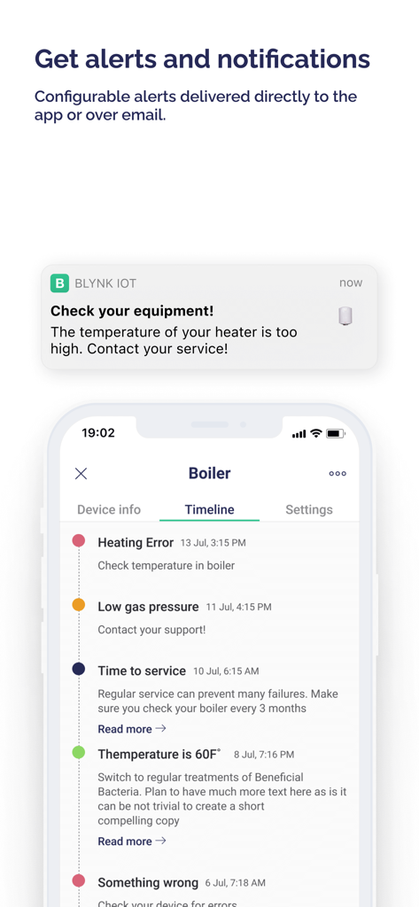 Blynk IoT - Blynk IoT app interface showing real-time device alerts and a detailed activity timeline