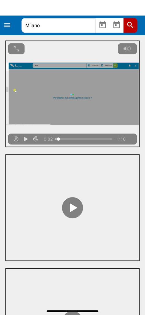 Schermata mobile di VoloPress che mostra la barra di ricerca e l'interfaccia del lettore video per il monitoraggio professionale dei media