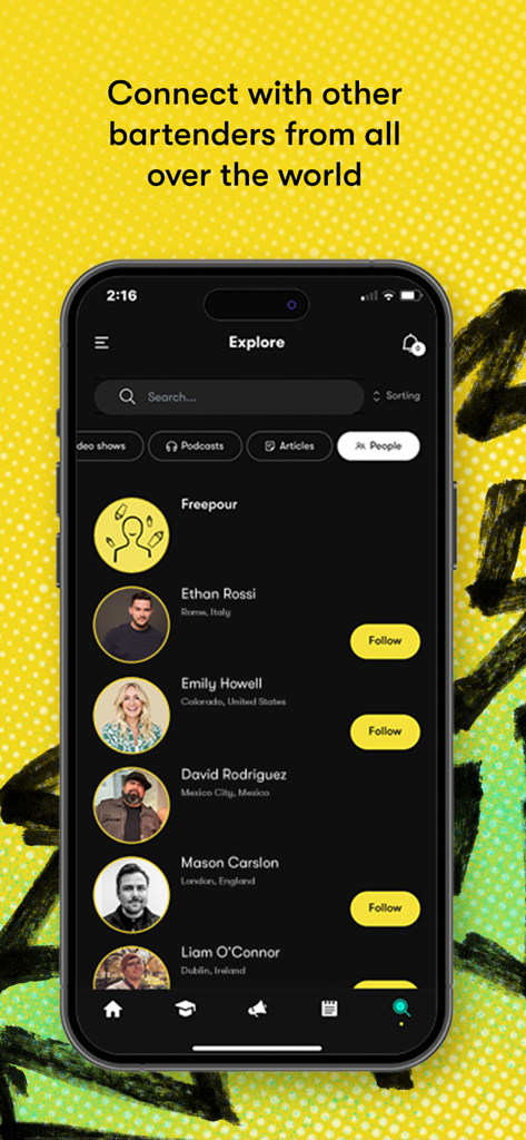 Freepour - For Pro Bartenders - Mobile app screen for connecting with professional bartenders globally