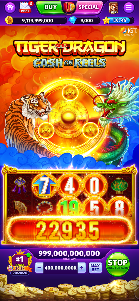 Cash Rally - Slots Casino Game - Tiger and Dragon Cash on Reels slot machine gameplay with a big win in the Cash Rally app