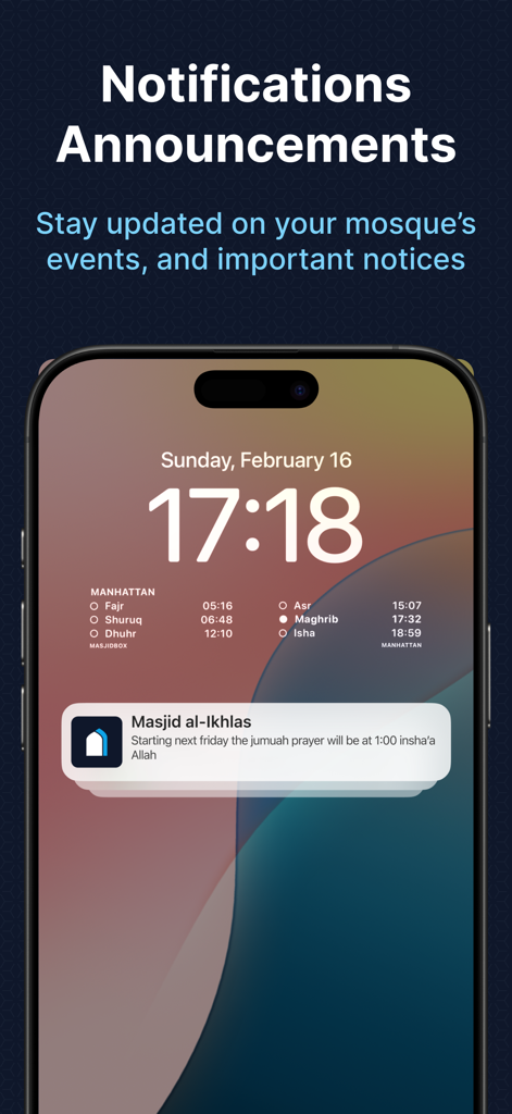 Masjidbox One - Masjidbox One app showing mosque announcements and prayer times on an iPhone lock screen