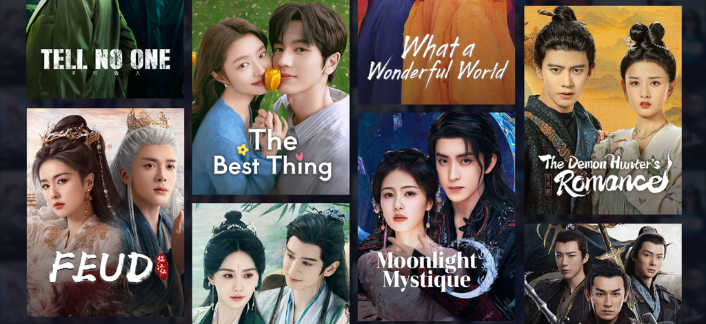 Un collage de carteles de dramas chinos y asiáticos populares disponibles en la aplicación de transmisión iQIYI