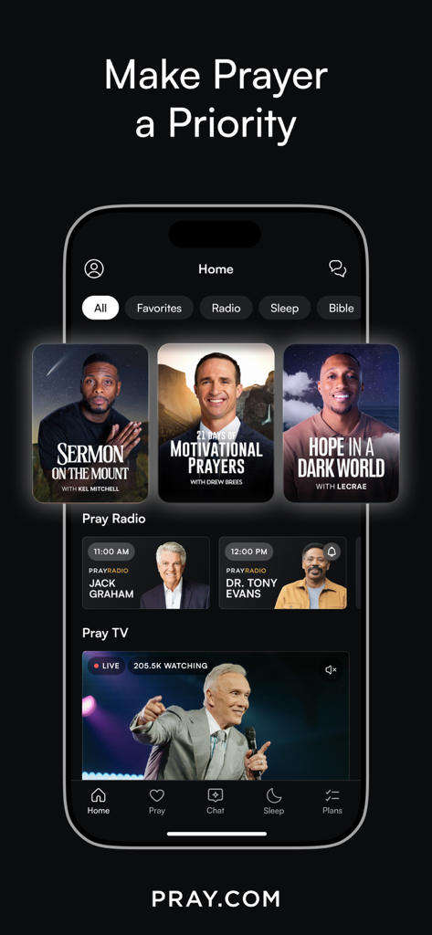 Pray.com app home screen showing daily prayers and christian content from leaders like Drew Brees and Lecrae