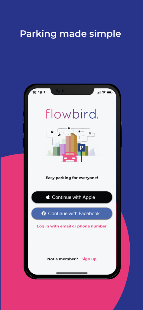 Flowbird parking app login screen on an iPhone with Apple and Facebook sign-in options
