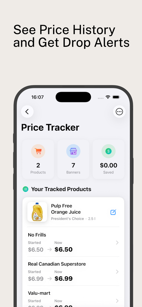 Real Canadian Superstore Deals - No Frills 및 Real Canadian Superstore와 같은 다양한 캐나다 식료품 브랜드 간의 가격을 비교하는 오렌지 주스 가격 추적기를 보여주는 모바일 앱 화면.