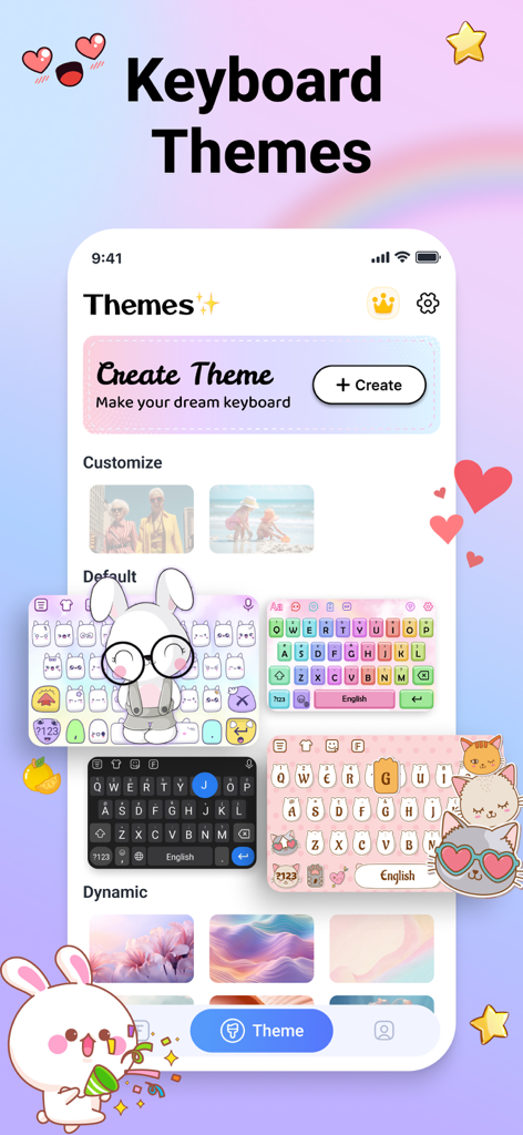 Una variedad de temas de teclado estéticos personalizados para iPhone con adorables animales y coloridos patrones.