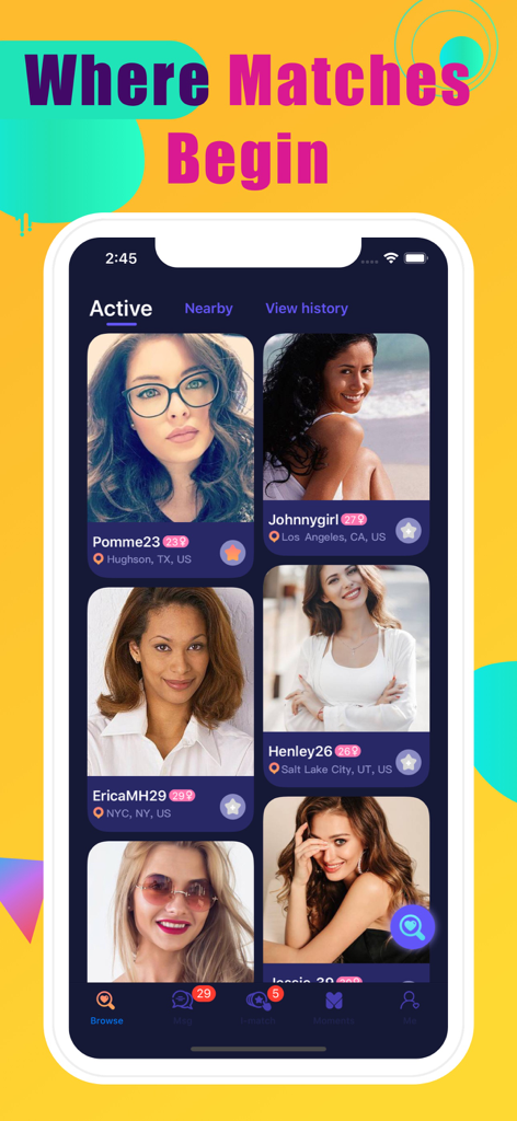 Una pantalla de smartphone que muestra los perfiles de usuario activos en la aplicación de citas Maduro.