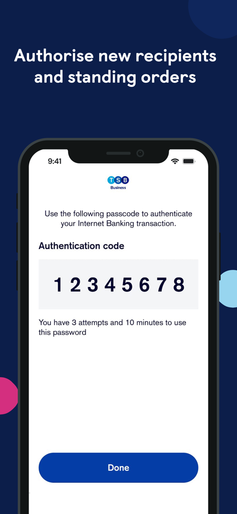 Tela de código de autenticação do aplicativo TSB Business Mobile para transações bancárias seguras pela internet.