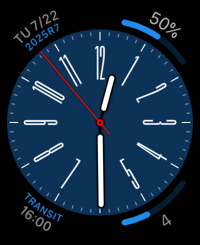 青い文字盤にカスタムカレンダーとリマインダーコンプリケーションを備えたアナログ Apple Watch の文字盤。