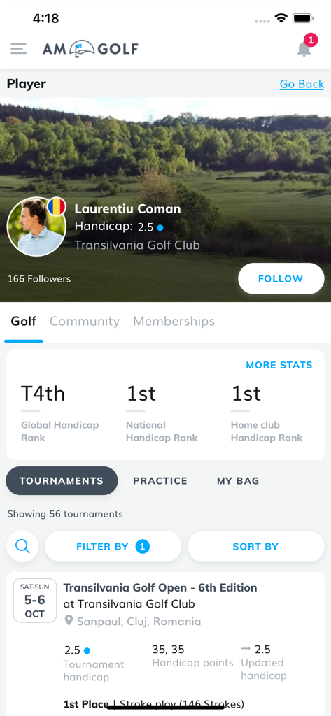 AM Golf - AM Golf mobile app player profile showing handicap rankings and tournament history.
