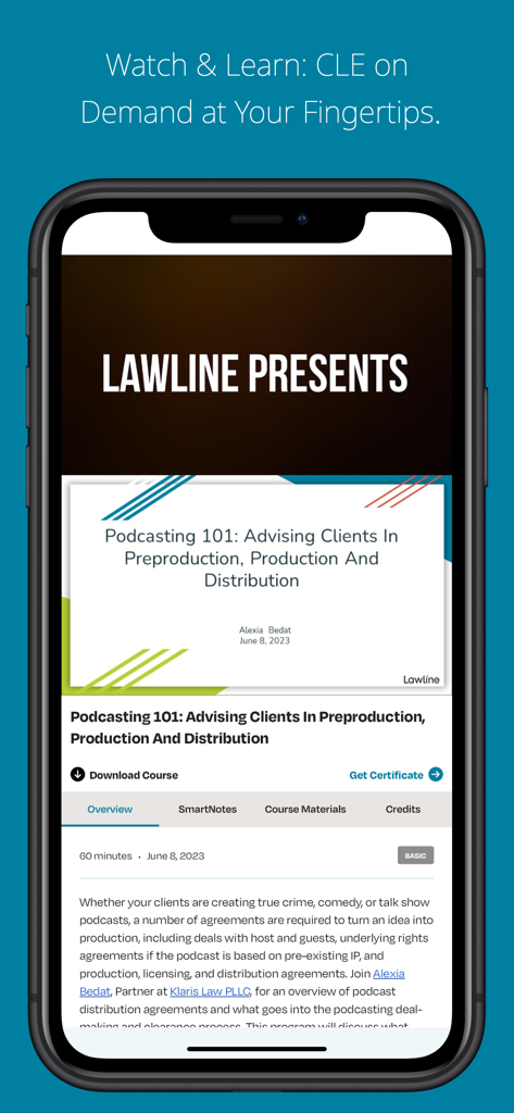 Lawline CLE - Lawline CLE mobile app course interface with video player and course details