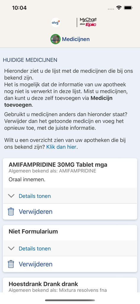 MijnOLVG app screen showing a list of current patient medications with options to view details or remove entries