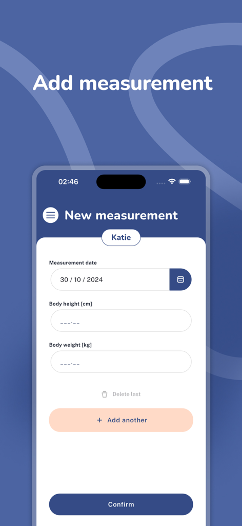 Antek - monitor child’s growth - Interfaccia per l'aggiunta di una nuova misurazione nell'app Antek, inclusi campi per data, altezza corporea e peso corporeo.