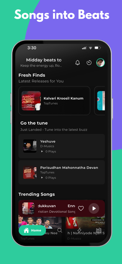 GloryfyMusic: Praise & Worship - La pantalla de inicio de la aplicación GloryfyMusic presenta listas de reproducción de música cristiana de alabanza y adoración y canciones de tendencia.