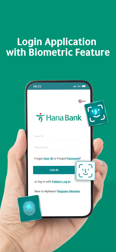Face IDや指紋認証などの生体認証オプションを備えたMyHanaモバイルバンキングログイン画面。