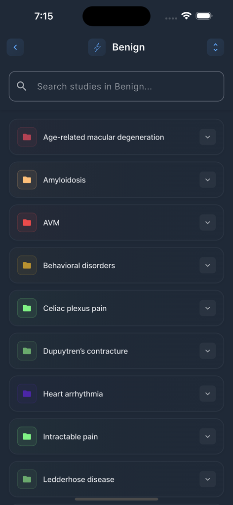 Rad Onc Tables app screen showing a list of research folders for benign medical conditions