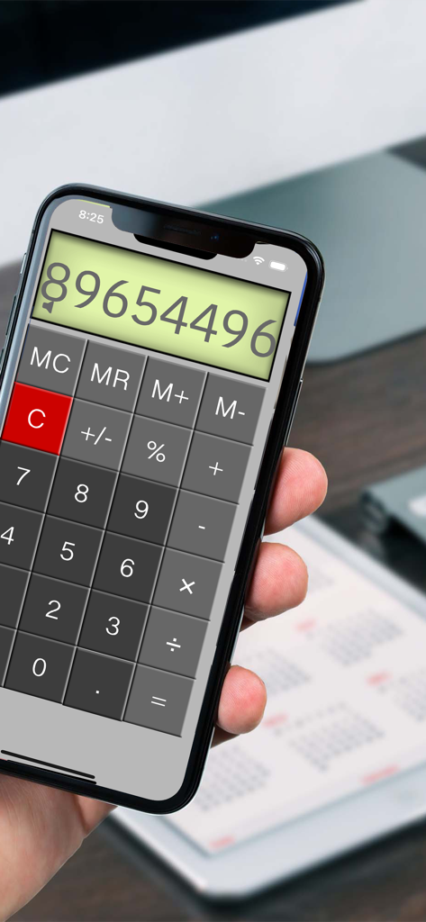 Calculator⁻ - Hand holding a smartphone displaying a simple calculator app with large buttons and a customized color display