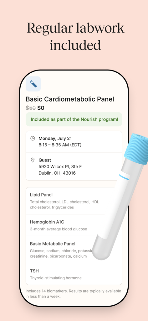 Nourish: Eating Well Made Easy - Interfaccia dell'app Nourish che mostra esami del sangue cardiometabolici inclusi e biomarcatori con costo zero.