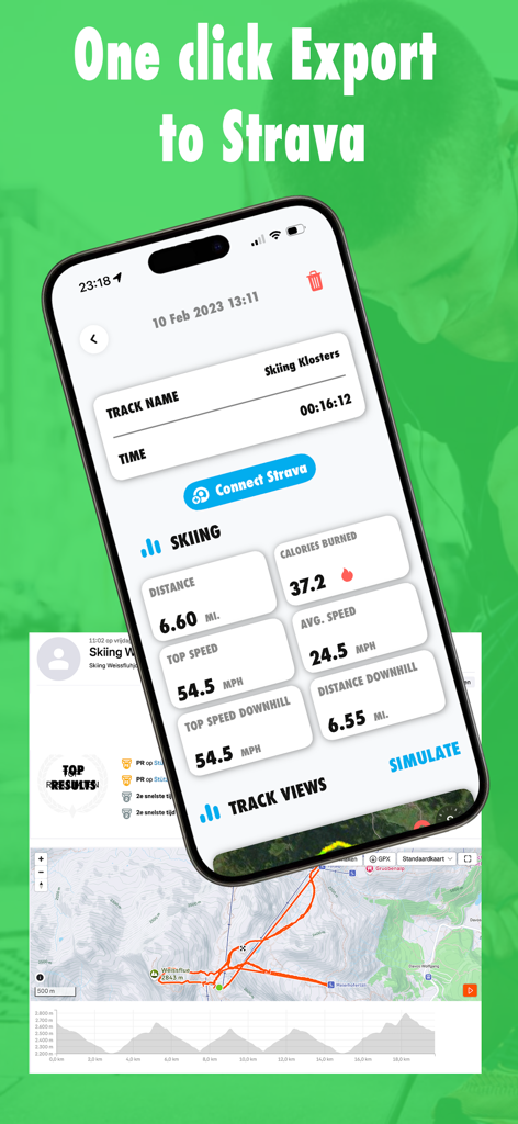 @Tracker: Outdoor GPS & Strava - Interface of @Tracker app showing skiing statistics and a button to export data to Strava.