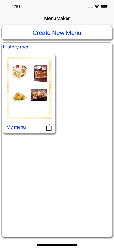 Restaurant menu maker - MenuMaker app home screen showing a created menu in the history section and a button to design a new menu.