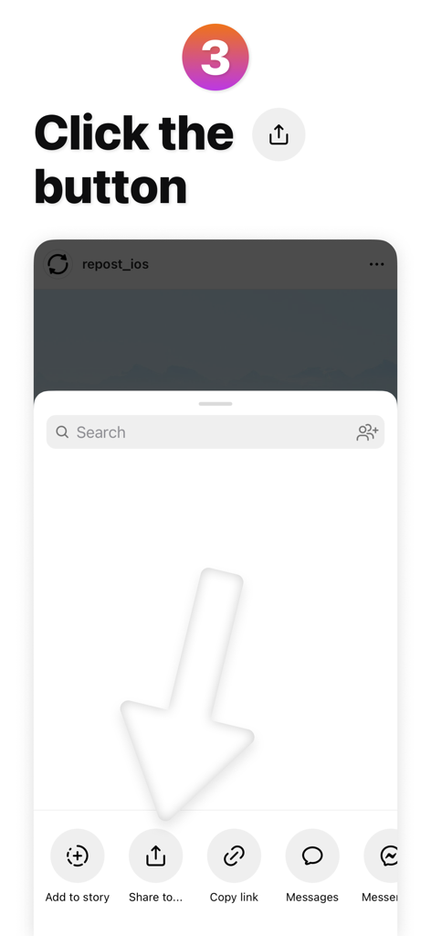 Instruction showing the share button in the Instagram app for reposting content