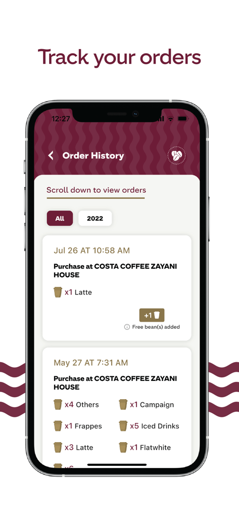 Costa Coffee Club BH - Mobile App-Bildschirm mit der Bestellhistorie und den Belohnungsbohnen für Costa Coffee Club BH.