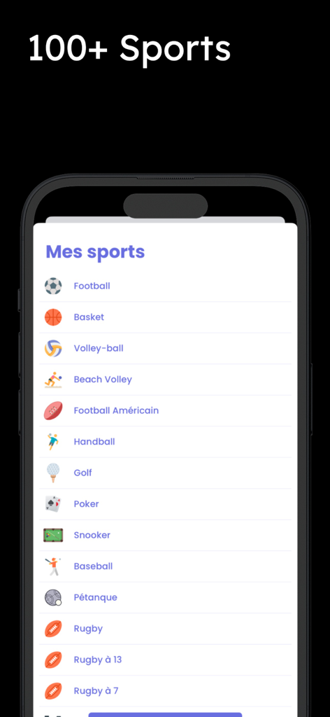 TV Sports - programme sportif - Interface montrant une liste de catégories sportives comme le football et le basket-ball dans l'application TV Sports