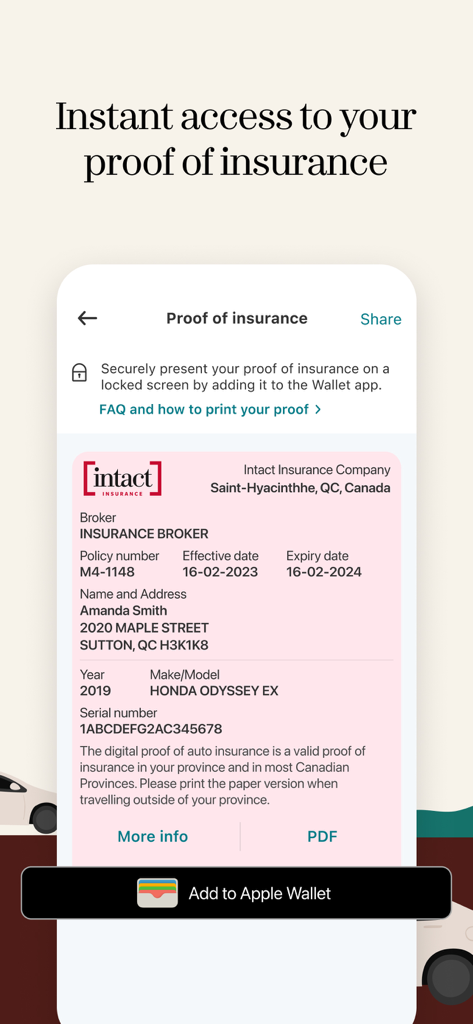Intact Insurance: Mobile app - Intact Insuranceのモバイルアプリ画面。車のデジタル保険証が表示され、Apple Walletに追加するオプションがあります。