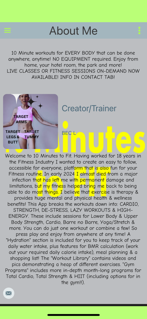 HOME WORKOUTS - 10FIT - Pantalla 'Acerca de mí' de la aplicación 10FIT con la entrenadora Bec L y una descripción de los programas de entrenamiento de 10 minutos