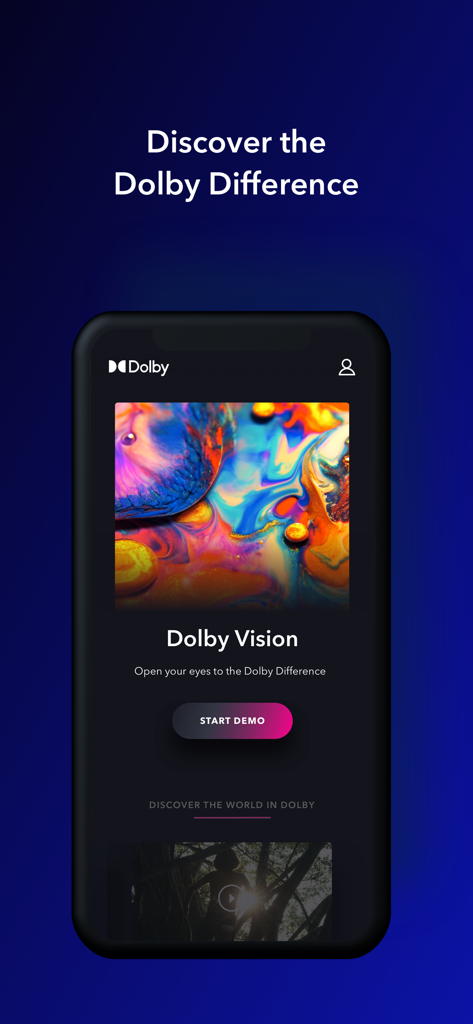 Mobile screen of Dolby XP app showcasing a Dolby Vision demo with colorful abstract art