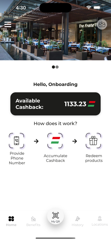 TrefraClub - TrefraClub app dashboard showing available cashback balance and a guide on how to provide a phone number to accumulate and redeem rewards