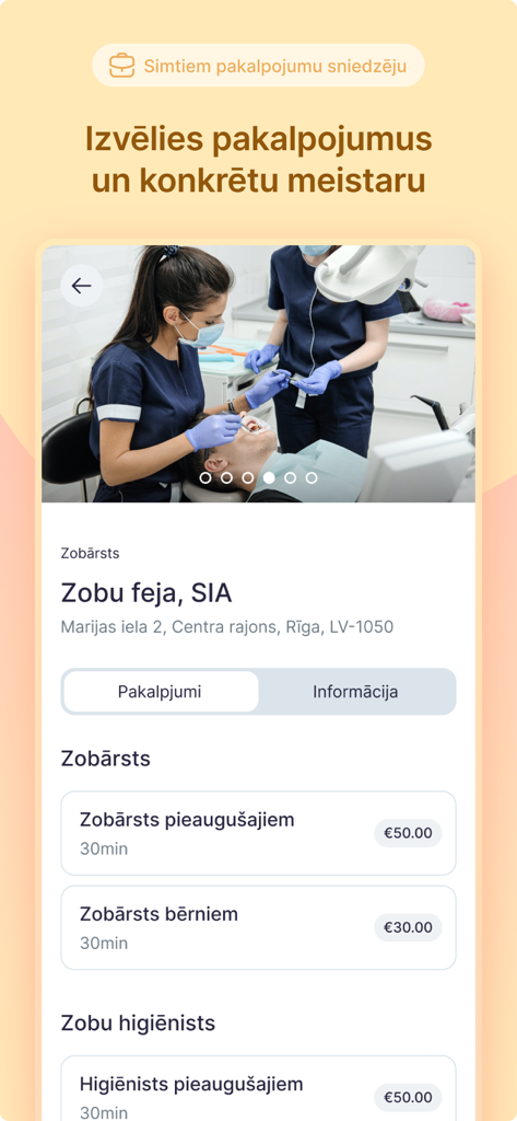 Lolo App - Pantalla móvil de Lolo App mostrando opciones de servicios dentales con precios para adultos y niños.