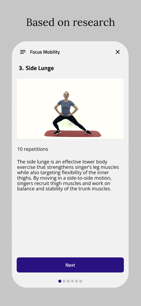 Vocalise.app - Une femme effectuant une fente latérale pour chanteurs dans l'application Vocalise