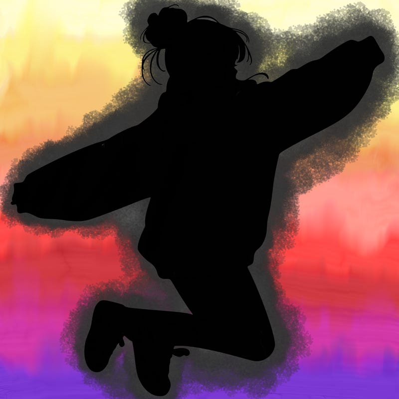 realistic girl jumping with a bun and oversized sweatshirt