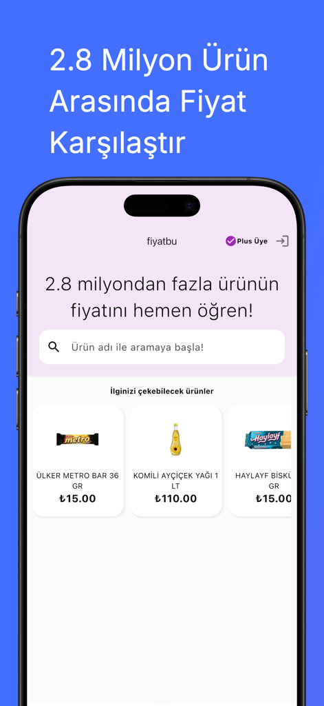 Fiyatbu app home screen displaying grocery product price comparisons and search bar