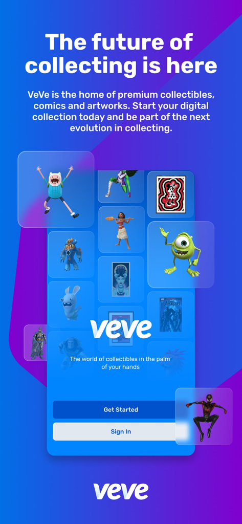 The VeVe Collectibles app interface showing a grid of digital characters from Marvel and Disney