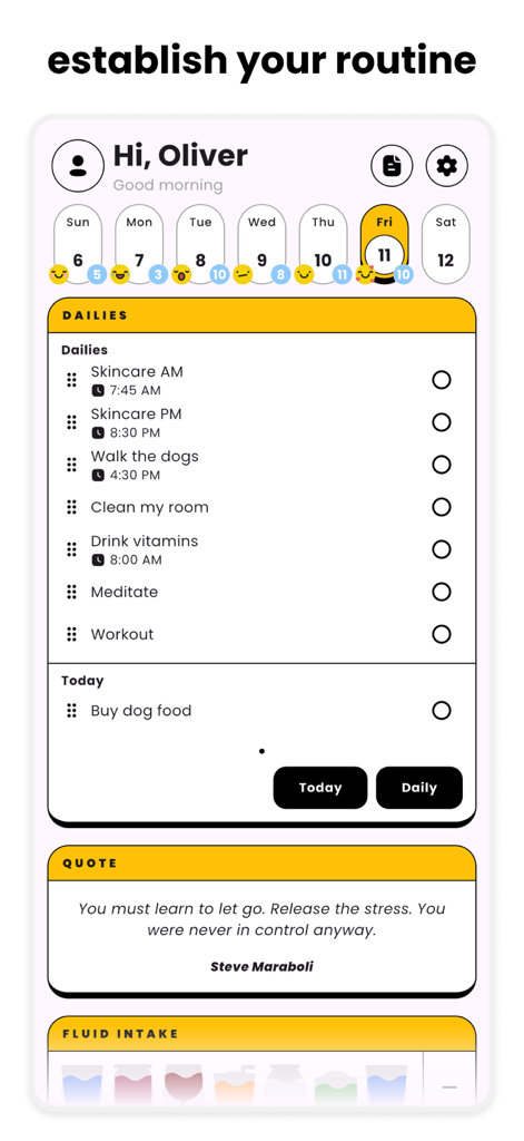 Gratsy - Self-Care, Your Way - Interface of the Gratsy app showing a daily checklist with tasks like skincare and meditation, a weekly mood calendar, and a motivational quote.