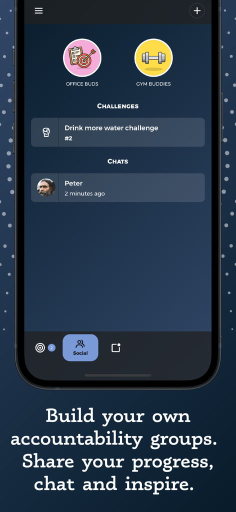 Habit Tracker by Goalify - Social screen in Goalify app displaying group challenges and accountability chats.