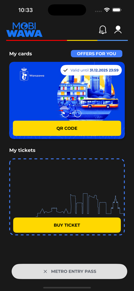 mobiWAWA - mobiWAWA app interface showing Warsaw Resident Card and ticket buying options